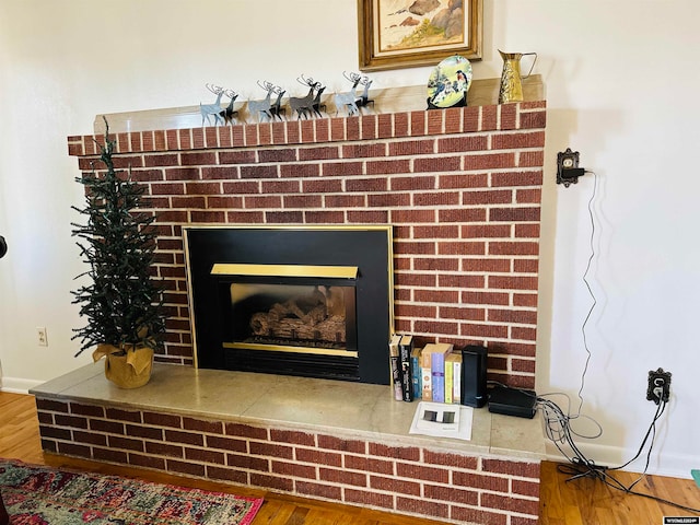 interior details with a fireplace and wood-type flooring