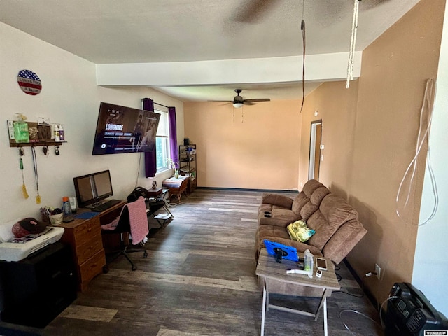 living room with dark hardwood / wood-style flooring and ceiling fan