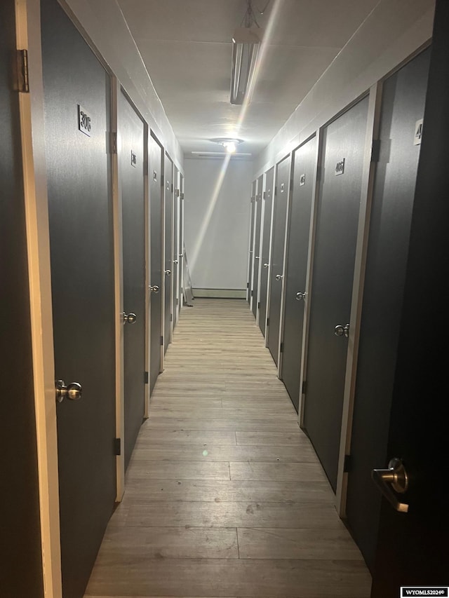 corridor featuring light hardwood / wood-style flooring and a mail area