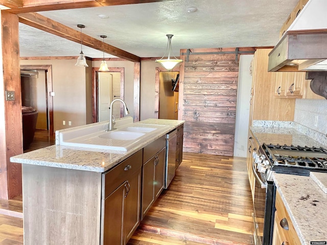 kitchen featuring a barn door, pendant lighting, premium range hood, a kitchen island with sink, and light wood-type flooring