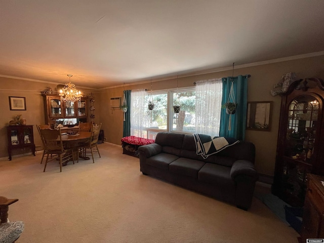 carpeted living room with a notable chandelier, a wall mounted AC, baseboard heating, and ornamental molding