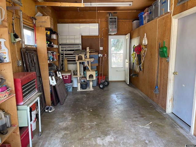 garage with a workshop area