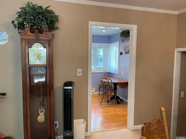 entrance foyer featuring ornamental molding and light hardwood / wood-style floors