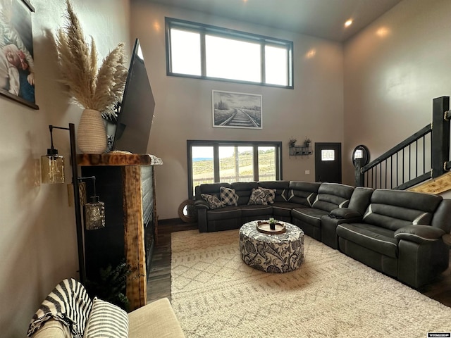 living room featuring a high ceiling and hardwood / wood-style floors