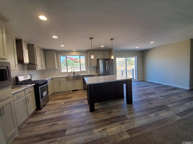 kitchen featuring wall chimney range hood, hardwood / wood-style flooring, appliances with stainless steel finishes, and sink