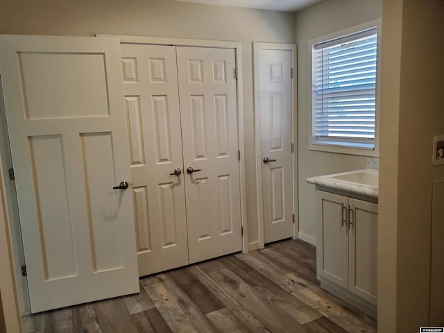 bathroom with vanity and hardwood / wood-style floors