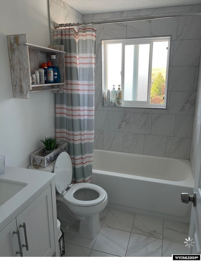 full bathroom featuring tile patterned flooring, shower / bath combination with curtain, toilet, and vanity