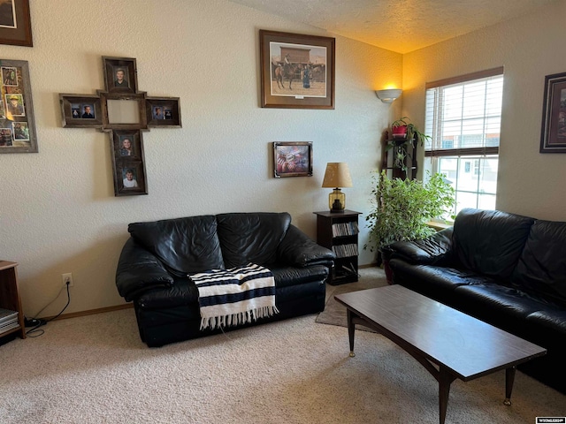 carpeted living room featuring a textured ceiling