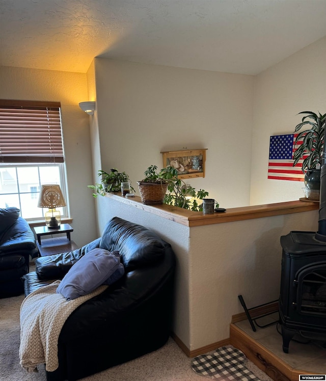 living room with carpet floors and a wood stove