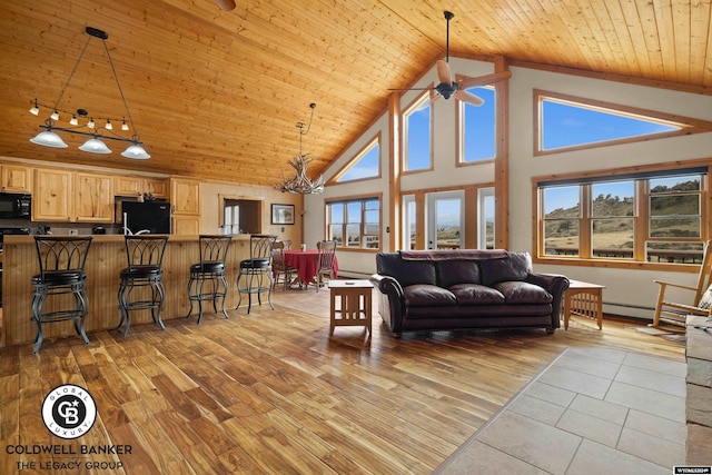 living room featuring high vaulted ceiling, a baseboard radiator, ceiling fan, wood ceiling, and light hardwood / wood-style floors