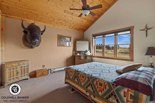 bedroom featuring wood ceiling, carpet flooring, ceiling fan, and a baseboard radiator