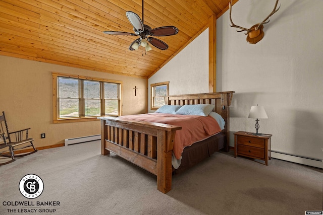 carpeted bedroom featuring wood ceiling, baseboard heating, high vaulted ceiling, and ceiling fan