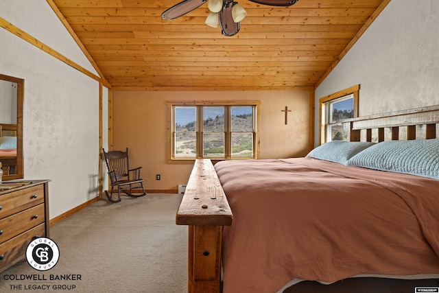 carpeted bedroom featuring lofted ceiling, wooden ceiling, and multiple windows