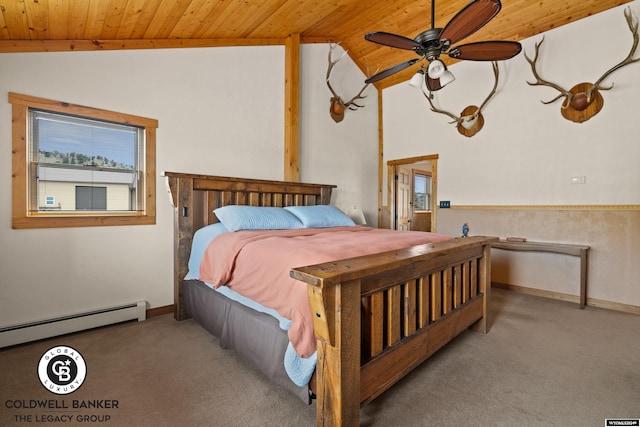 bedroom with lofted ceiling, baseboard heating, wooden ceiling, and carpet floors