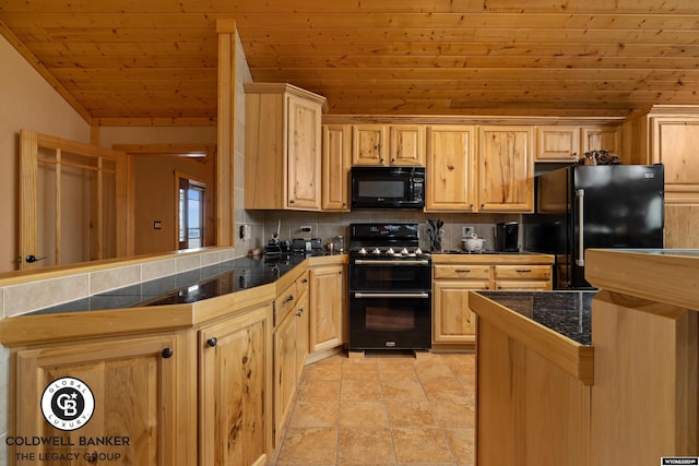 kitchen with light tile patterned floors, black appliances, kitchen peninsula, decorative backsplash, and wood ceiling