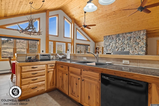 kitchen featuring ceiling fan with notable chandelier, black dishwasher, wood ceiling, kitchen peninsula, and light tile patterned flooring