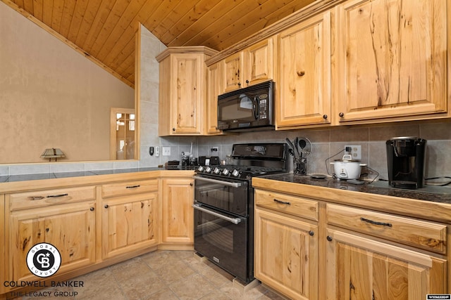 kitchen with light tile patterned floors, wood ceiling, lofted ceiling, black appliances, and decorative backsplash