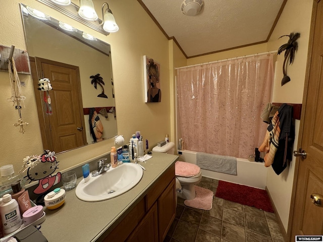 full bath featuring vanity, shower / bath combo, a textured ceiling, crown molding, and toilet