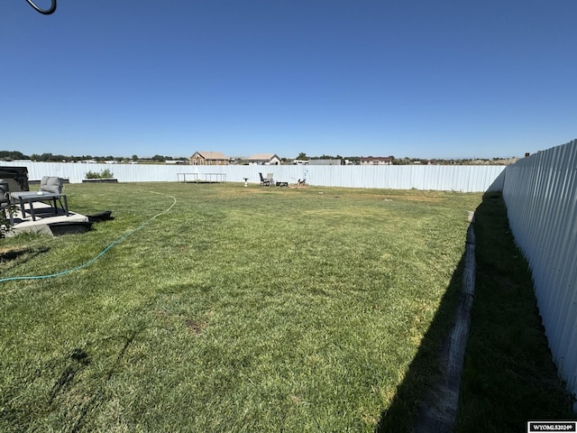 view of yard with a water view and a fenced backyard