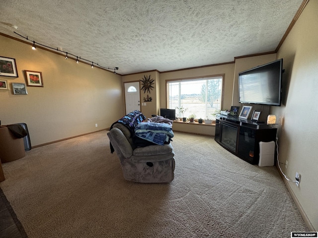 living room with baseboards, carpet, ornamental molding, and a textured ceiling