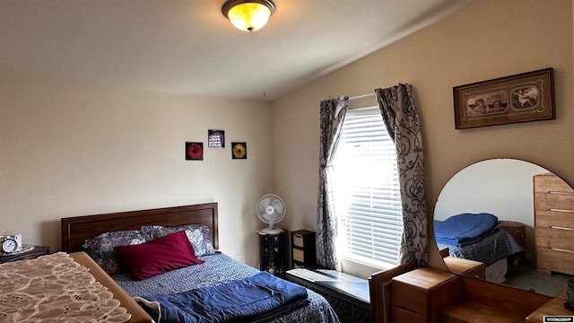 bedroom featuring multiple windows and lofted ceiling