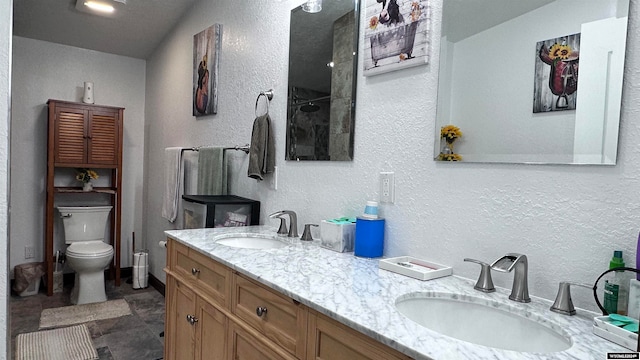 bathroom with vanity, walk in shower, toilet, tile patterned floors, and lofted ceiling