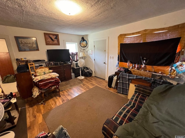 living room with a textured ceiling and wood-type flooring