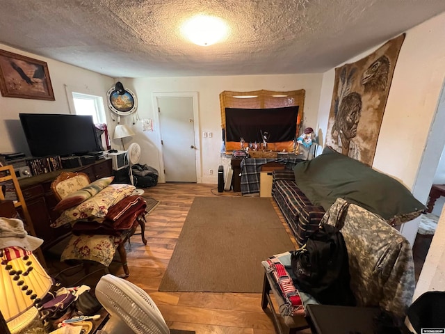 living room with light hardwood / wood-style floors and a textured ceiling