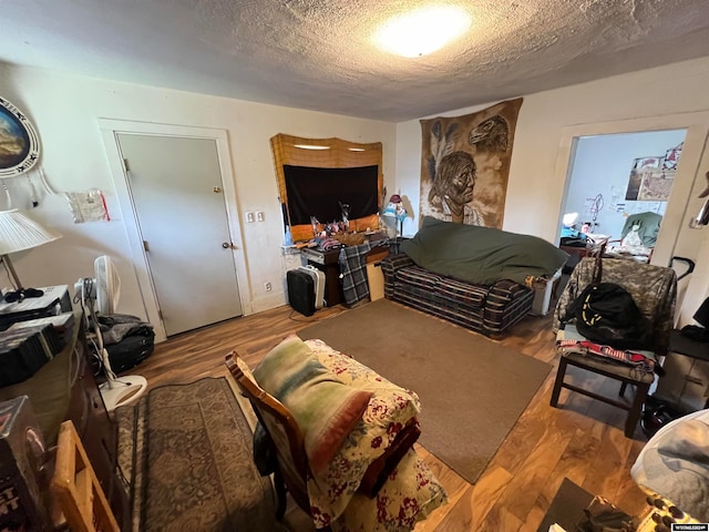 living room featuring a textured ceiling and hardwood / wood-style flooring