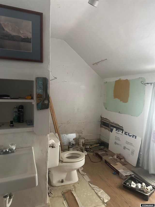 bathroom featuring hardwood / wood-style flooring, toilet, sink, and vaulted ceiling