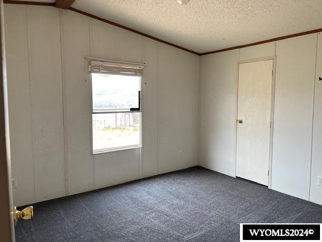 unfurnished bedroom with crown molding, lofted ceiling, carpet floors, and a textured ceiling