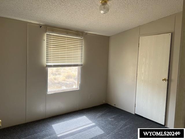 unfurnished bedroom with a textured ceiling, vaulted ceiling, dark colored carpet, and a closet