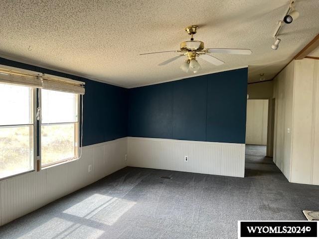 carpeted empty room featuring a textured ceiling, rail lighting, and ceiling fan