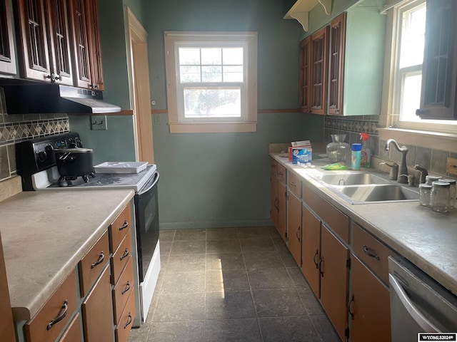 kitchen with stainless steel dishwasher, a healthy amount of sunlight, sink, and white range