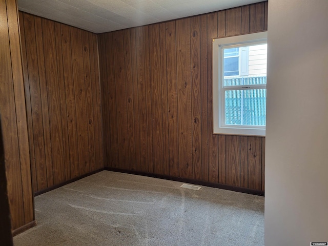 unfurnished room with wood walls and carpet flooring