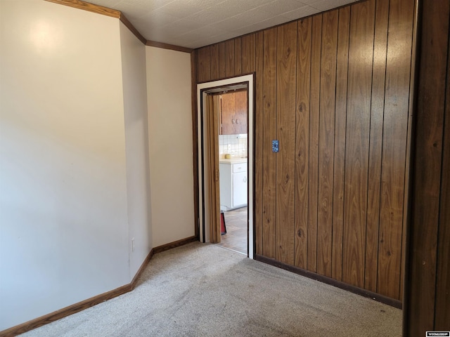 carpeted empty room with wood walls