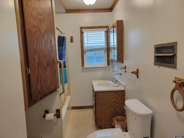 full bathroom featuring toilet, tile patterned flooring, shower / bathtub combination, ornamental molding, and vanity