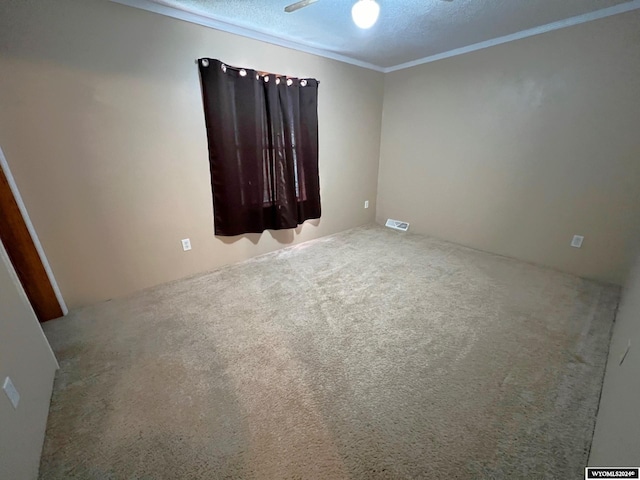 carpeted spare room featuring a textured ceiling and ornamental molding