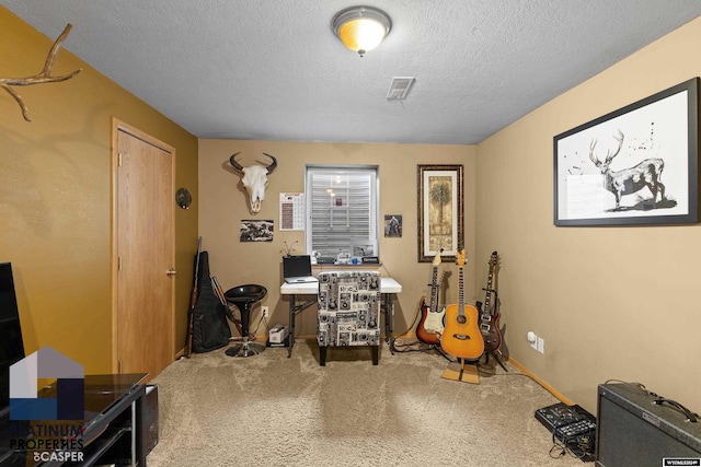 misc room featuring carpet and a textured ceiling