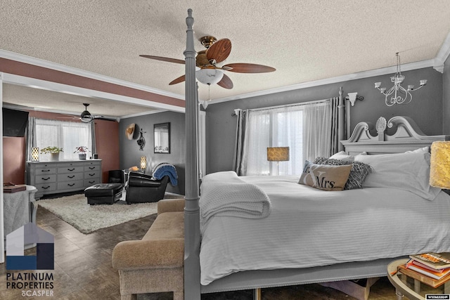 bedroom with ceiling fan with notable chandelier, crown molding, and a textured ceiling