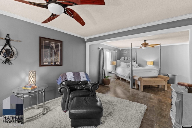 bedroom with ceiling fan, dark hardwood / wood-style flooring, a textured ceiling, and ornamental molding