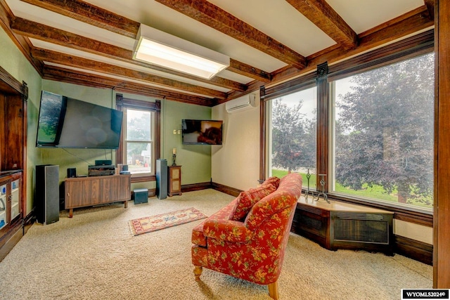 living room with beamed ceiling, light carpet, and a wall unit AC