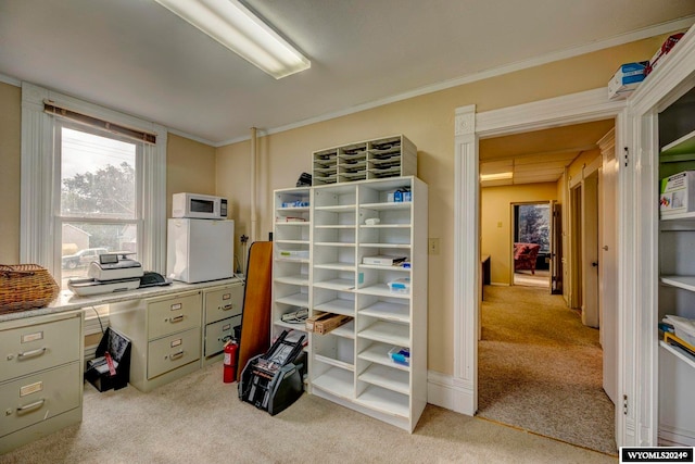 home office featuring ornamental molding and light carpet