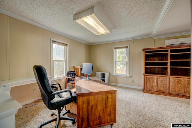 carpeted office space featuring a wall mounted AC and ornamental molding