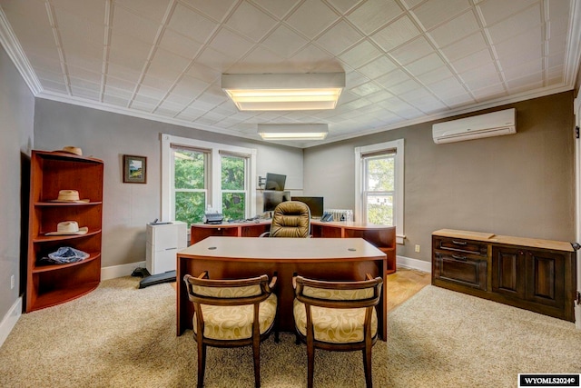 dining area featuring light carpet, crown molding, and a wall mounted air conditioner