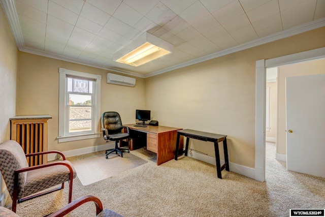 carpeted home office featuring a wall unit AC and crown molding