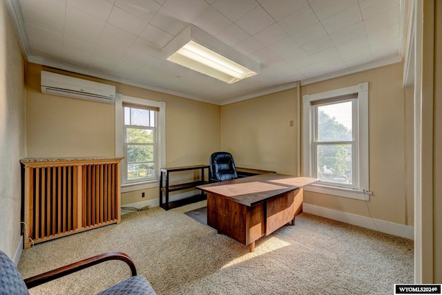 office area with a wall mounted AC, ornamental molding, and light carpet