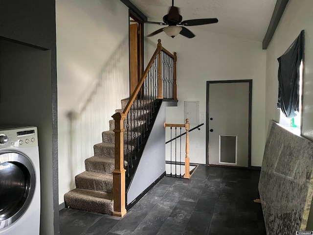 stairs featuring washer / clothes dryer, lofted ceiling, and ceiling fan