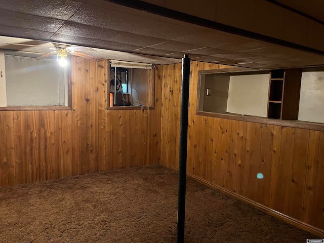 basement featuring carpet and wood walls