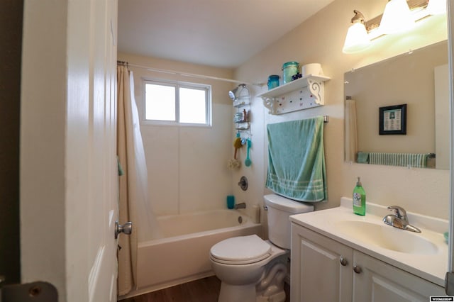 full bathroom featuring shower / bath combo, vanity, toilet, and hardwood / wood-style floors